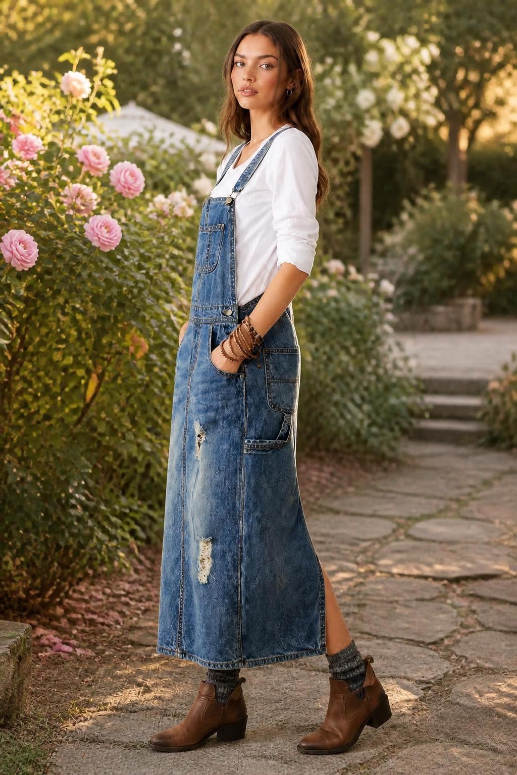 Emma | Overall Dress, Washed Denim with Adjustable Straps, Relaxed Fit