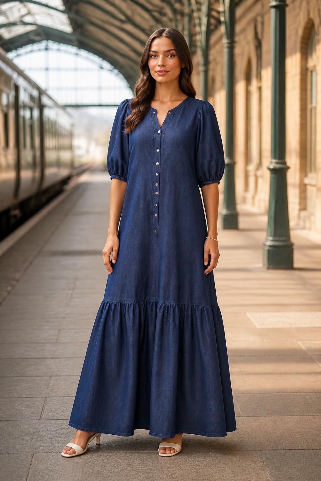 Amelia | Casual Dress, Denim-Look Button-Front (Non-Denim)