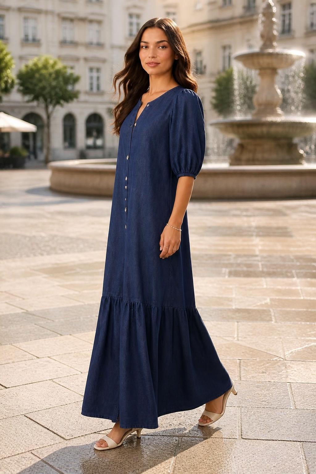 Amelia | Casual Dress, Denim-Look Button-Front (Non-Denim)