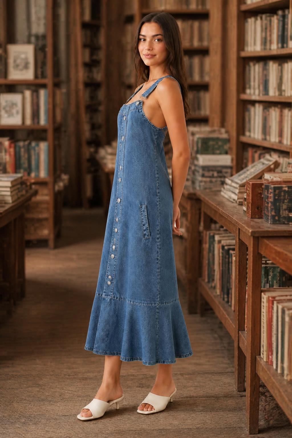 Mia | Denim Pinafore Dress, Midi with Ruffle Hem