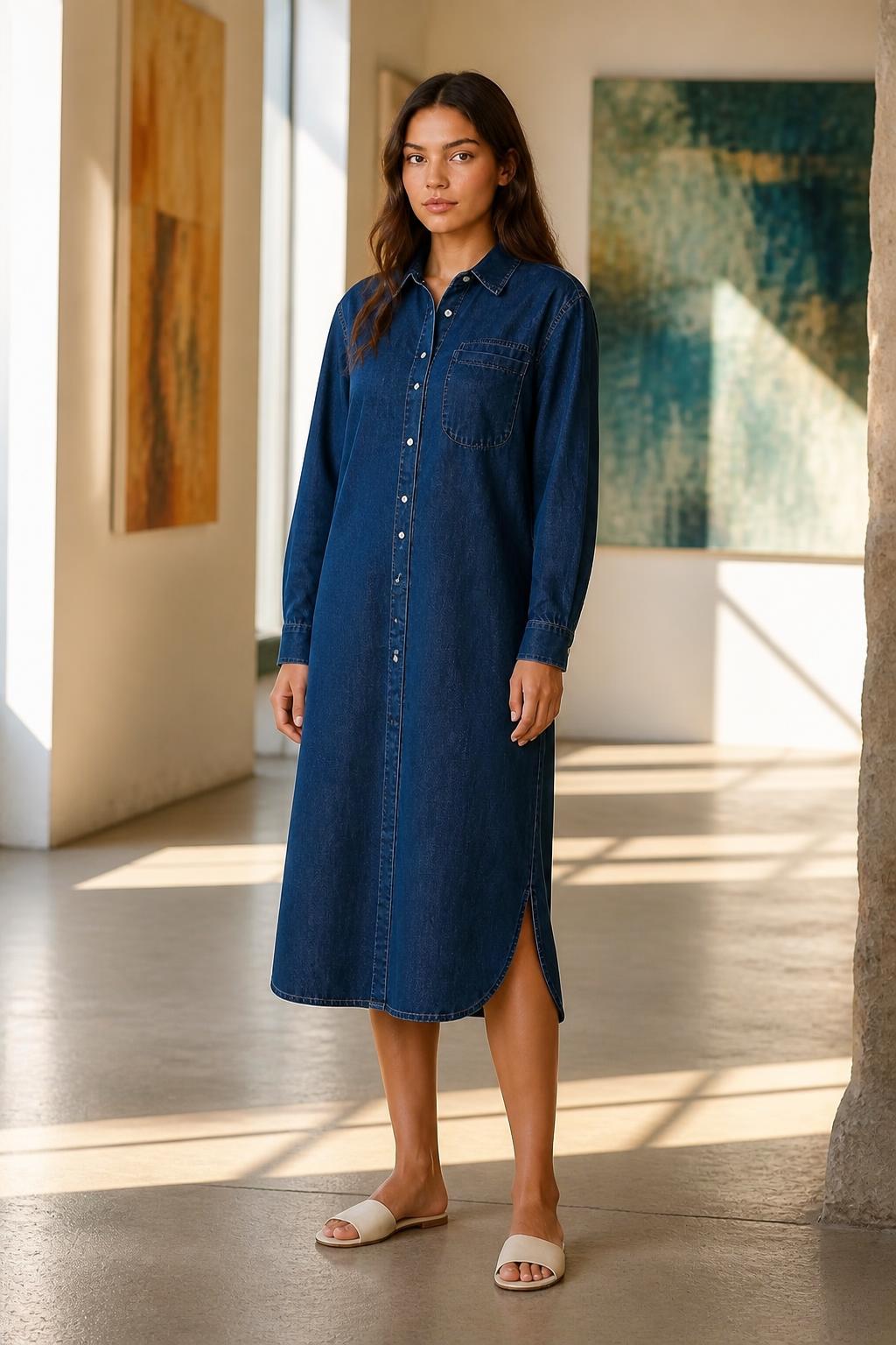 Evelyn | Denim Midi Dress, Vintage Relaxed Half-Button Style