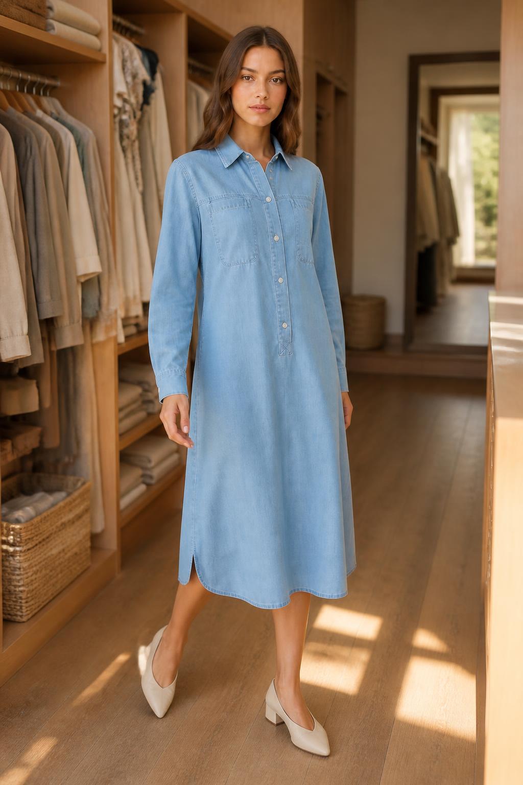 Evelyn | Denim Midi Dress, Vintage Relaxed Half-Button Style