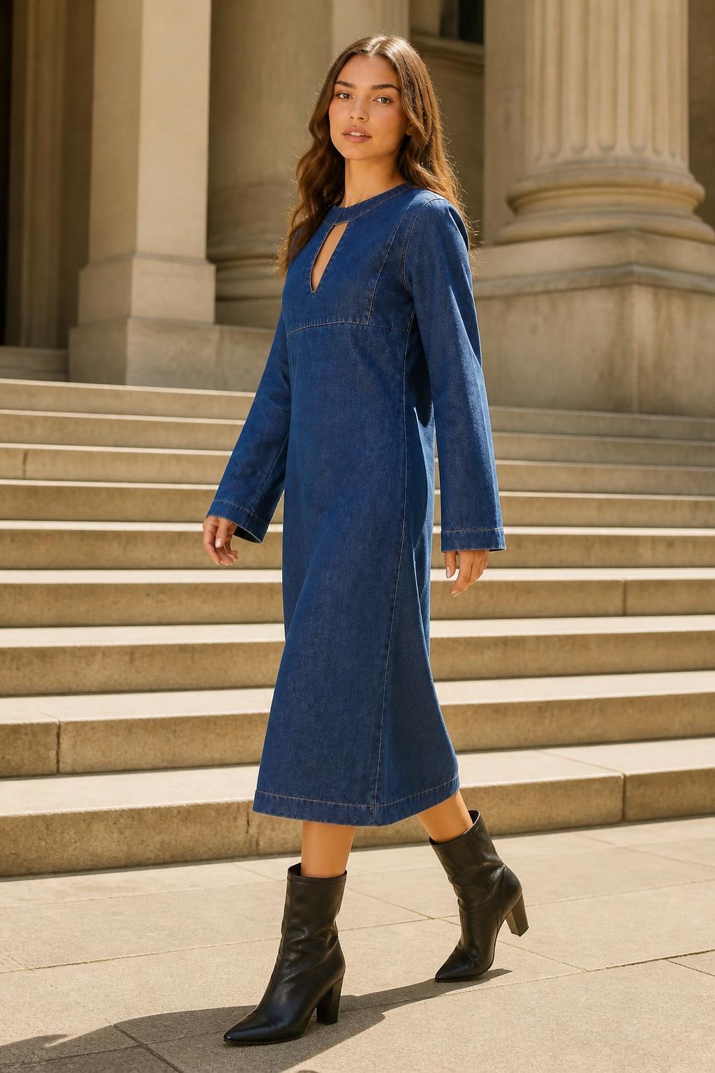 Sofia | Low Cut Dress, V-Neck Mid-Length Denim