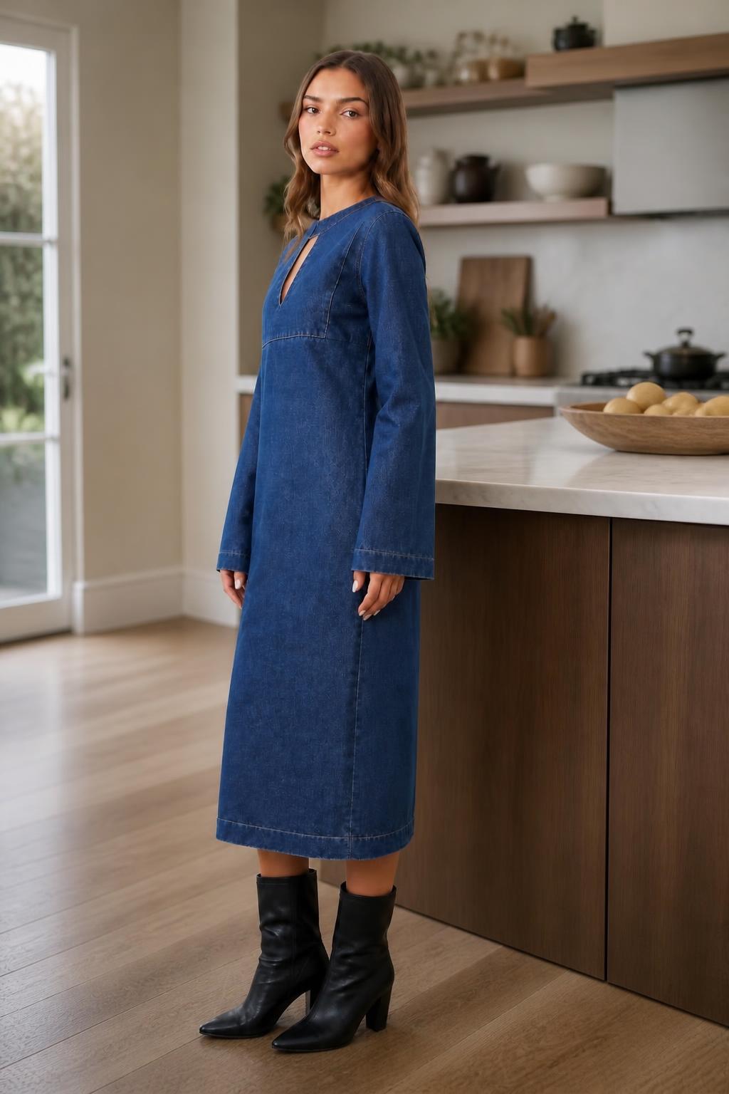 Sofia | Low Cut Dress, V-Neck Mid-Length Denim