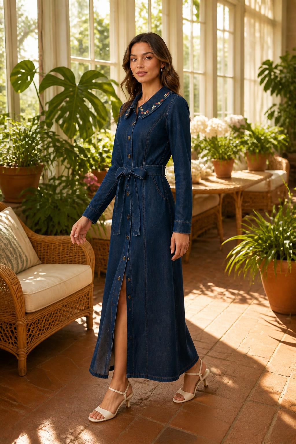 Olivia | Denim Maxi Dress, Embroidered with Waist Tie