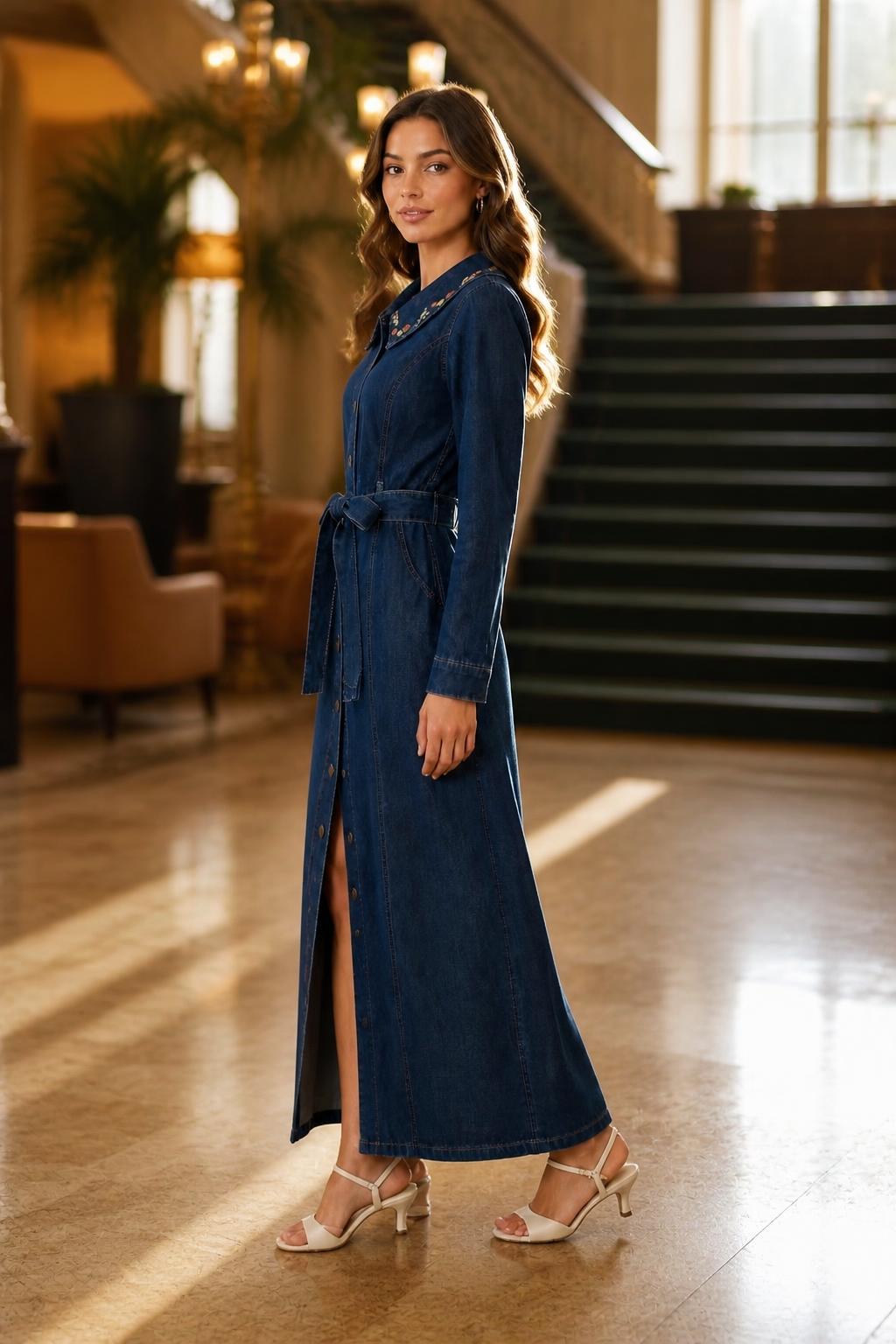 Olivia | Denim Maxi Dress, Embroidered with Waist Tie