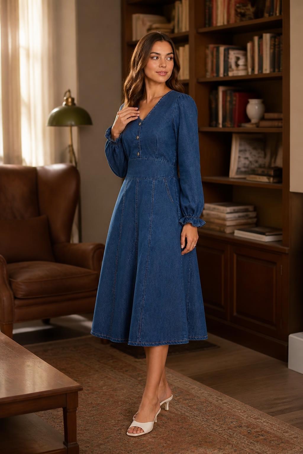 Charlotte | Cinched Waist Dress, Vintage-Inspired Denim Midi