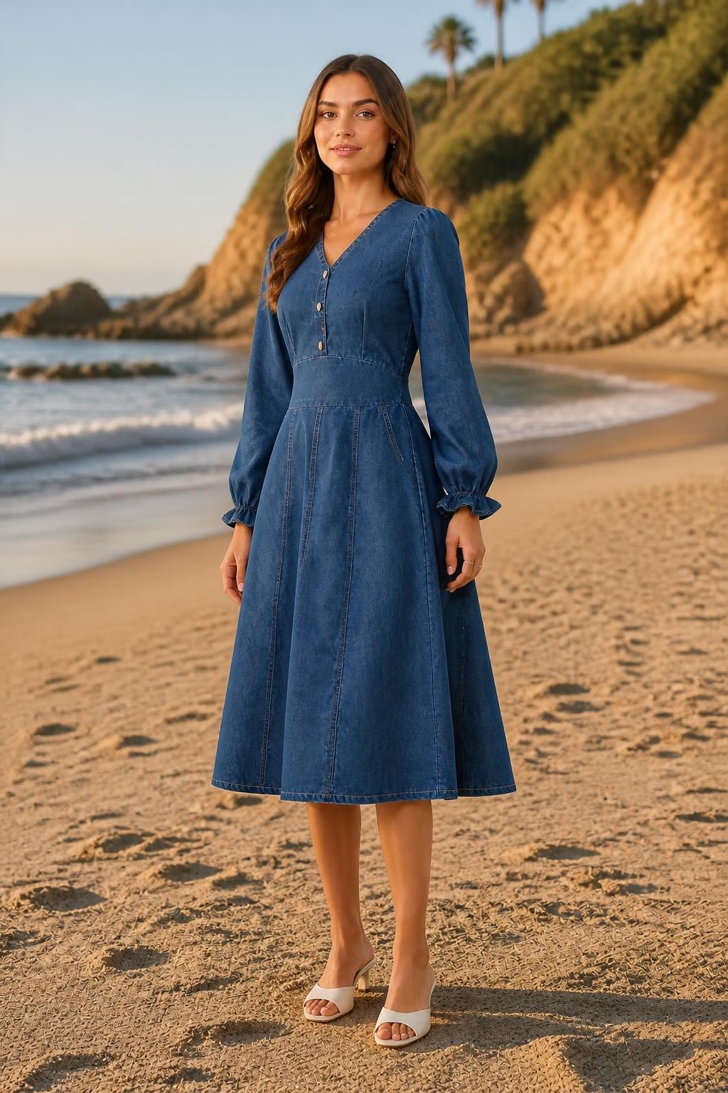 Charlotte | Cinched Waist Dress, Vintage-Inspired Denim Midi