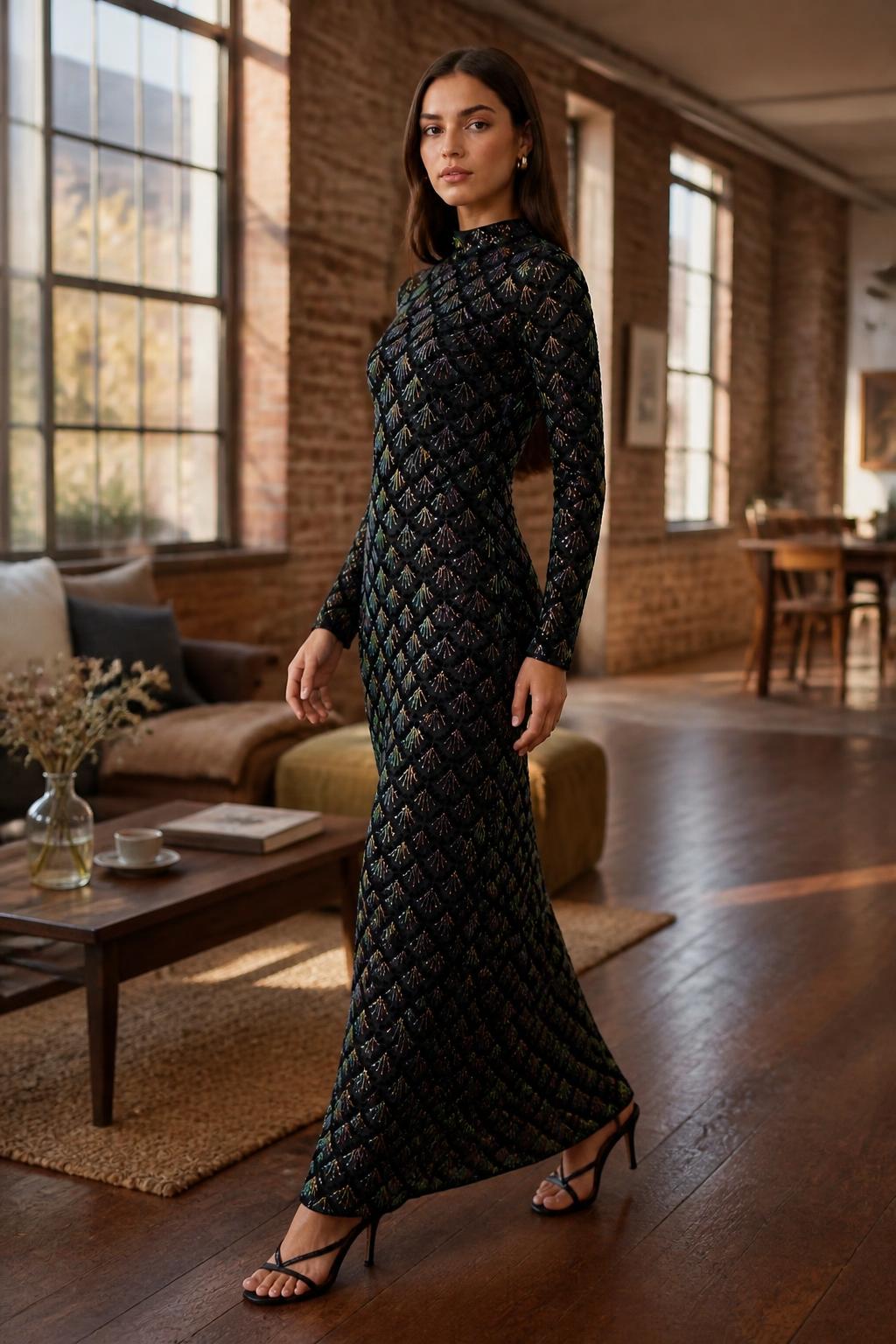 Sofia | Sparkly Dress, Round Neck Long Sleeve Sequin Bodycon
