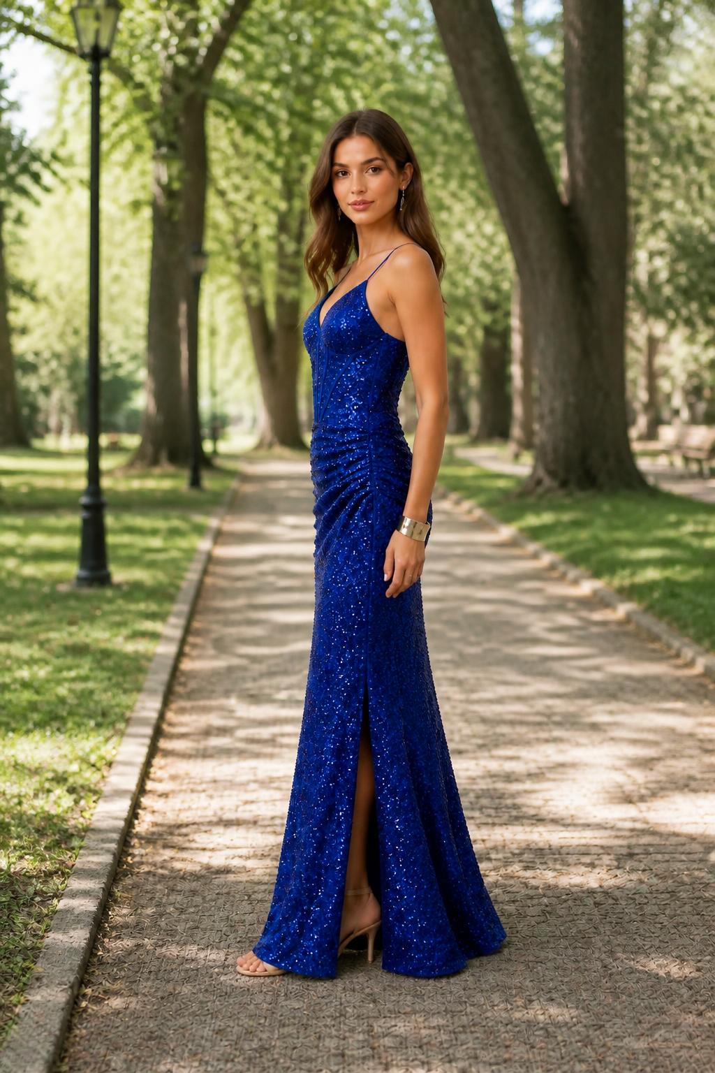 Olivia | Evening Dress, Spaghetti Strap V-Neck Sequin with Slit