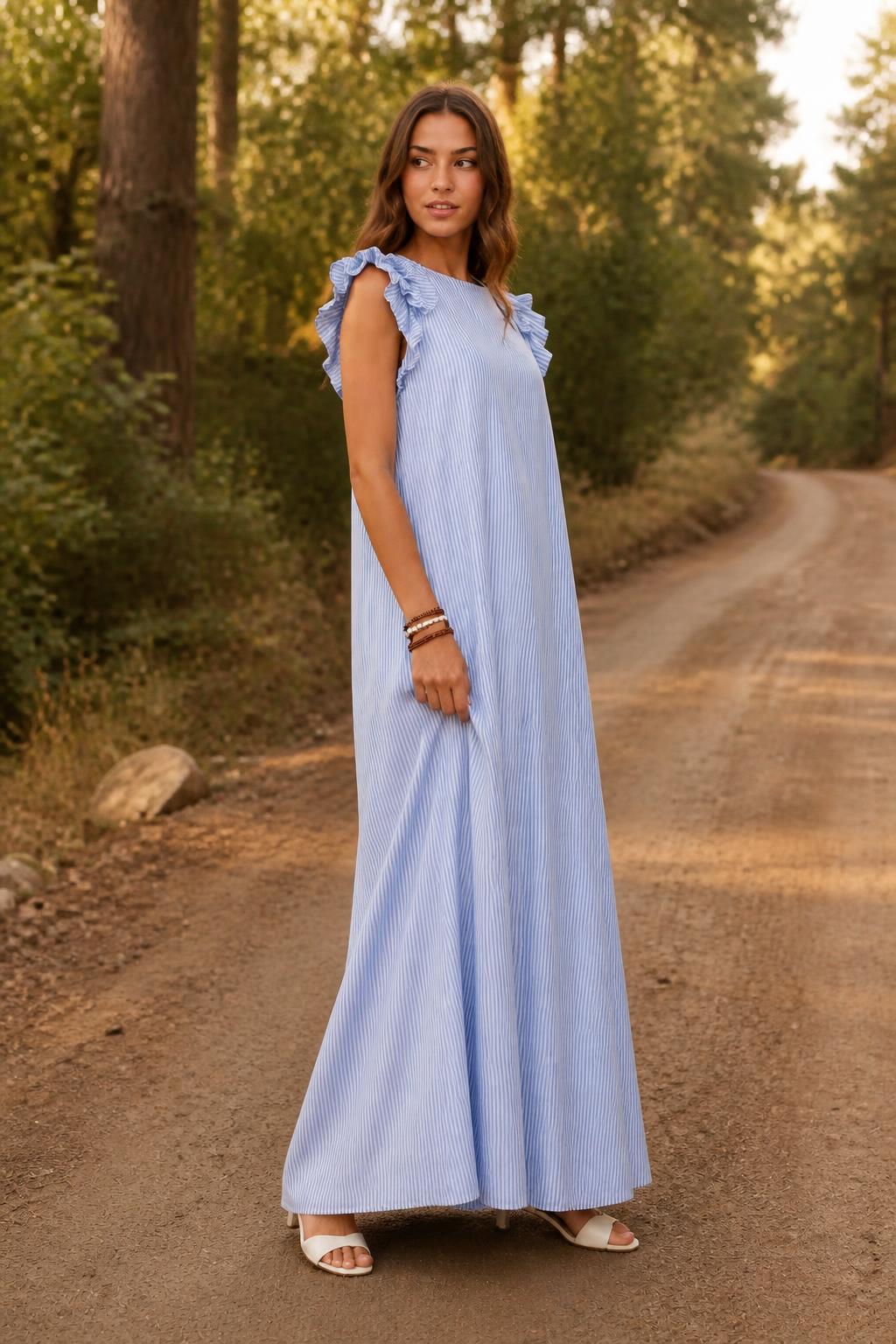 Evelyn | Ruffle Dress, Relaxed Striped A-Line with Ruffle Sleeves