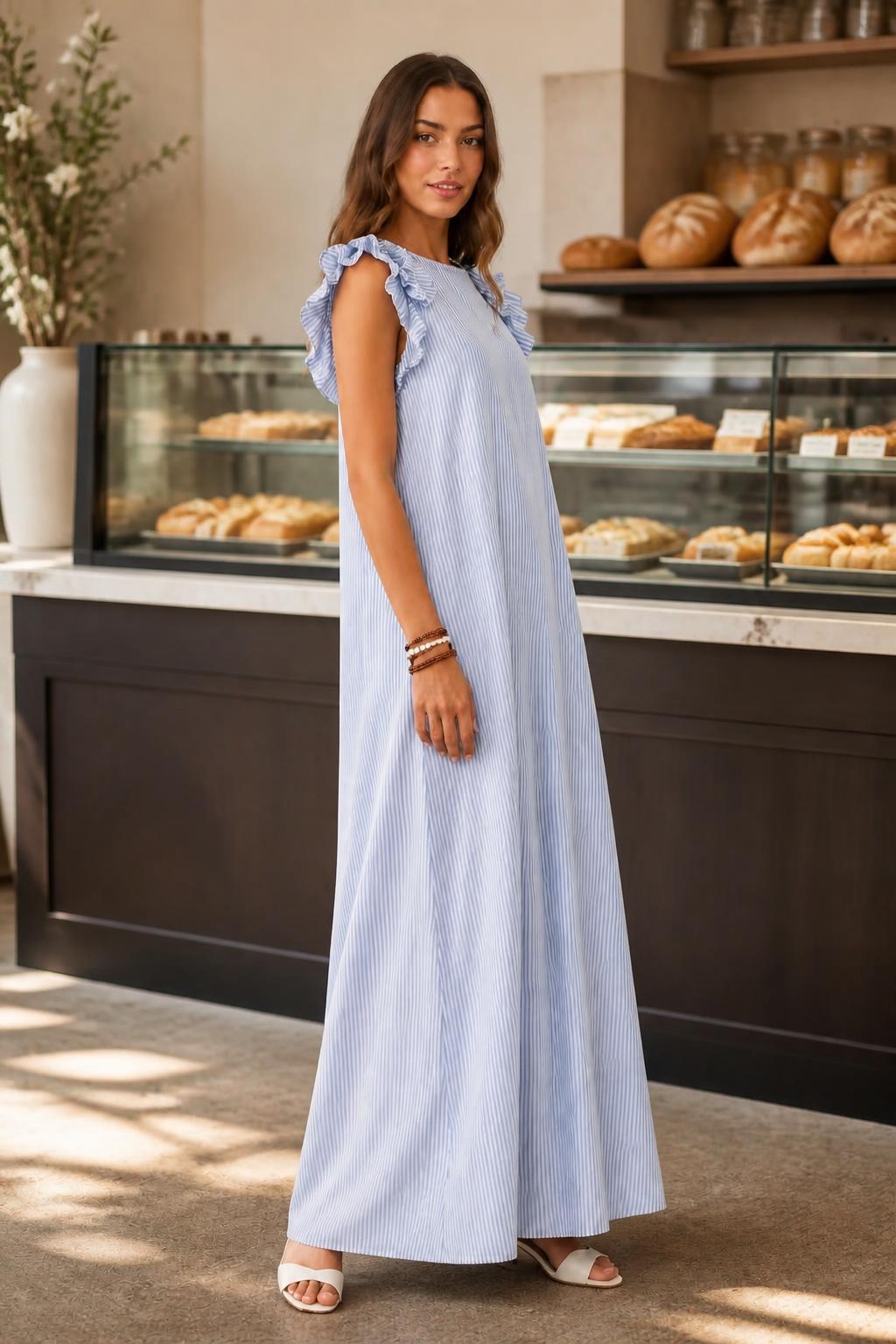 Evelyn | Ruffle Dress, Relaxed Striped A-Line with Ruffle Sleeves