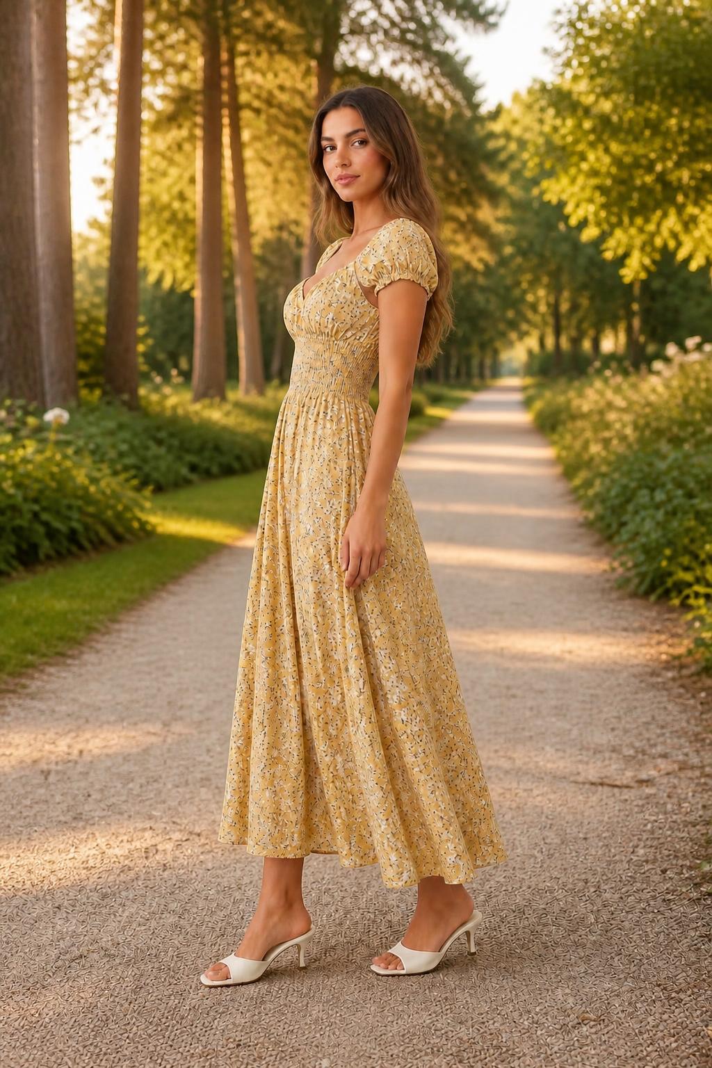 Eliana | Floral Midi Dress, Bohemian V-Neck with Pleated Ruffle Hem