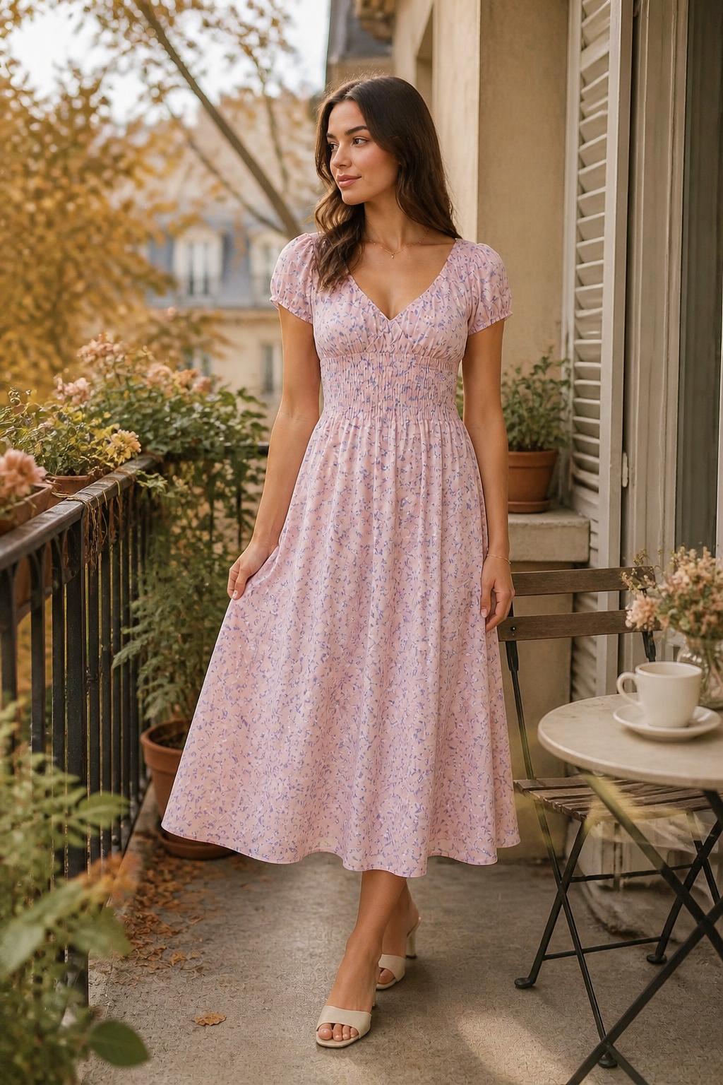 Eliana | Floral Midi Dress, Bohemian V-Neck with Pleated Ruffle Hem