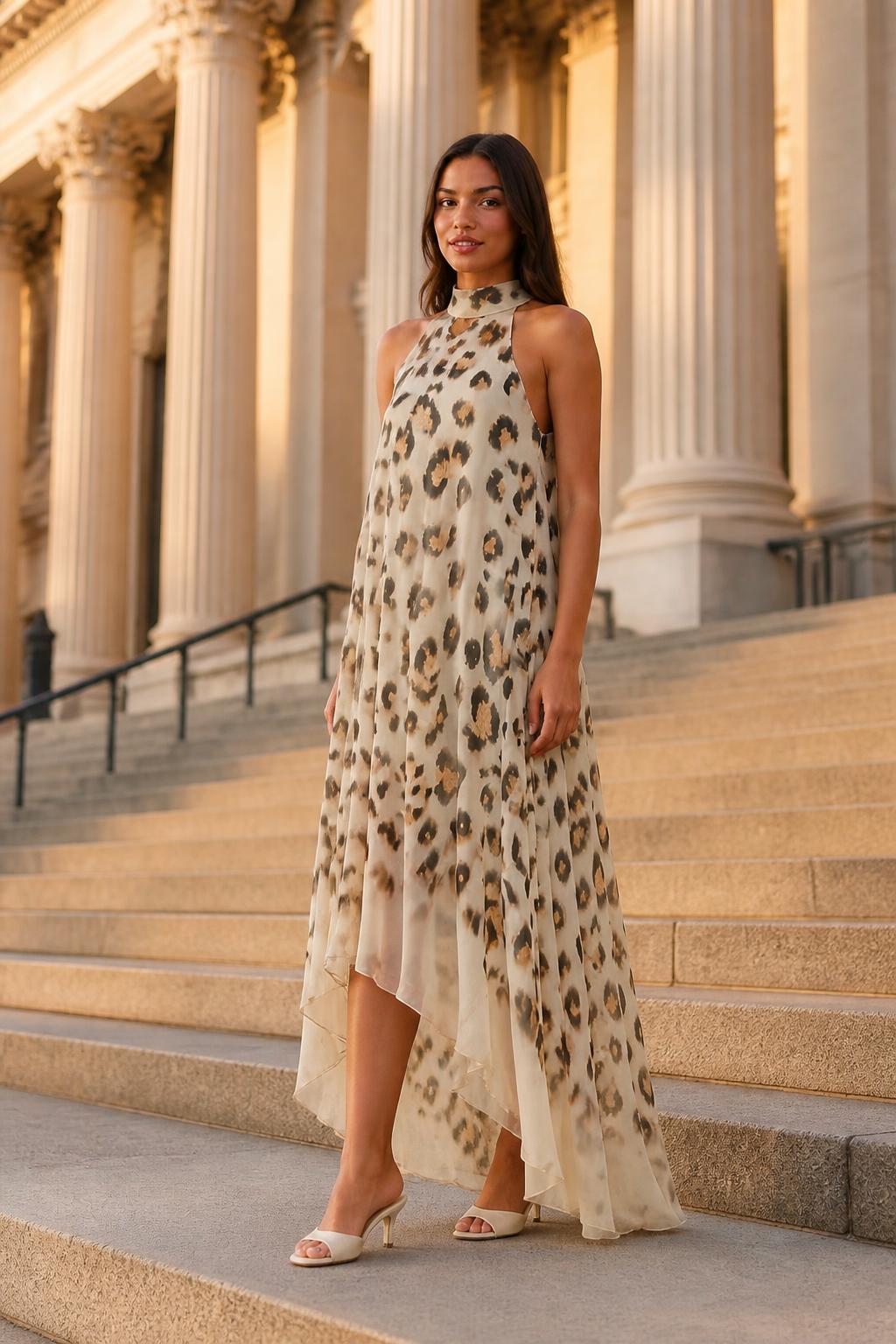 Evelyn | Leopard Print Dress, Chiffon Round Neck Sleeveless Asymmetric