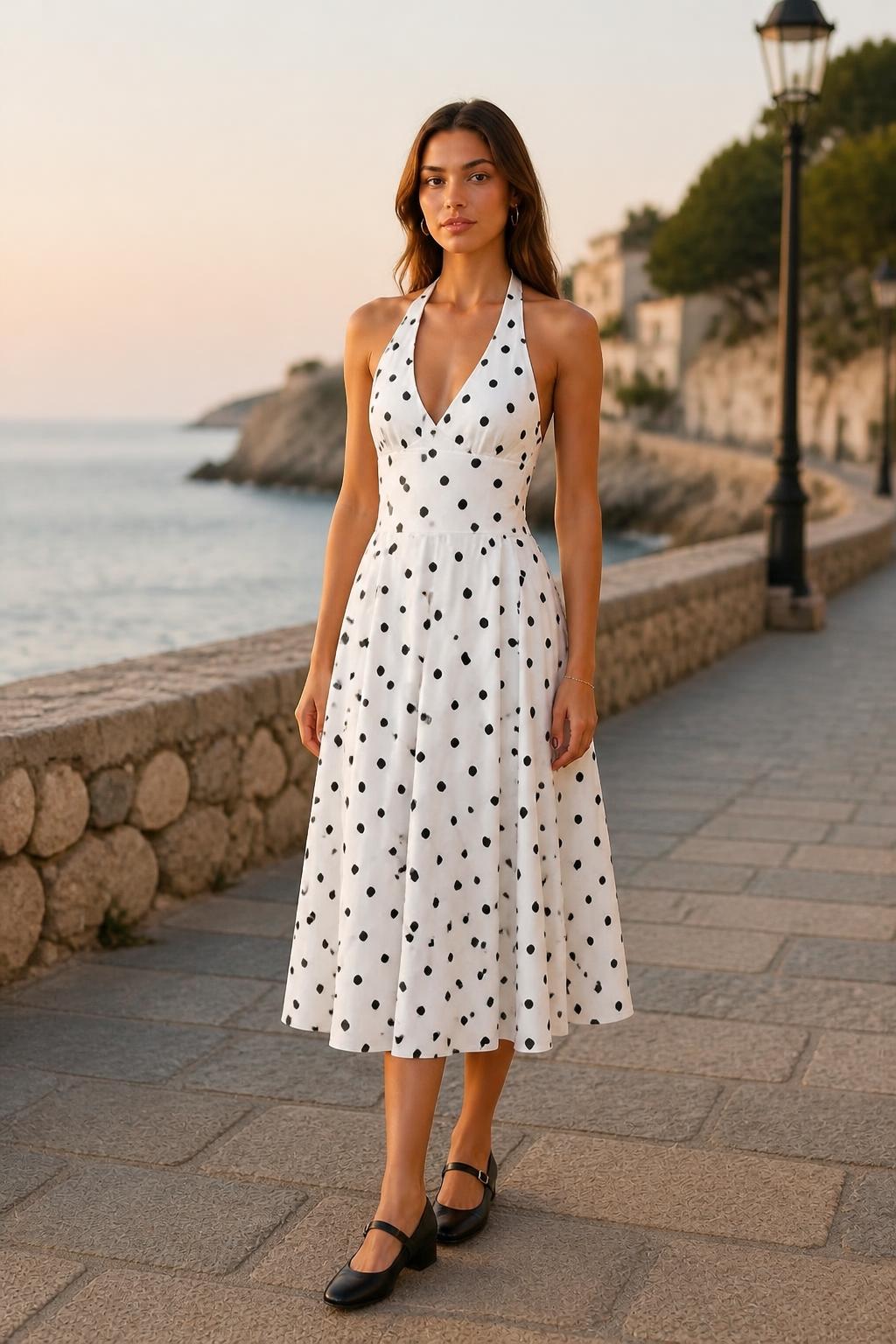 Eliana | Black Polka Dot Dress, Vintage Halterneck A-Line