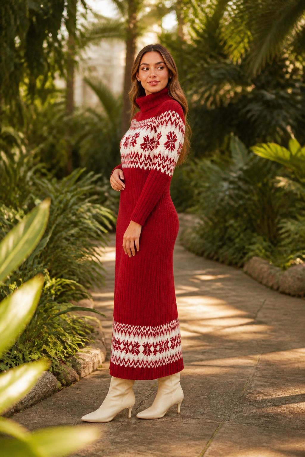 Eliana | Red Sweater Dress, High-Neck Colorblock Knit