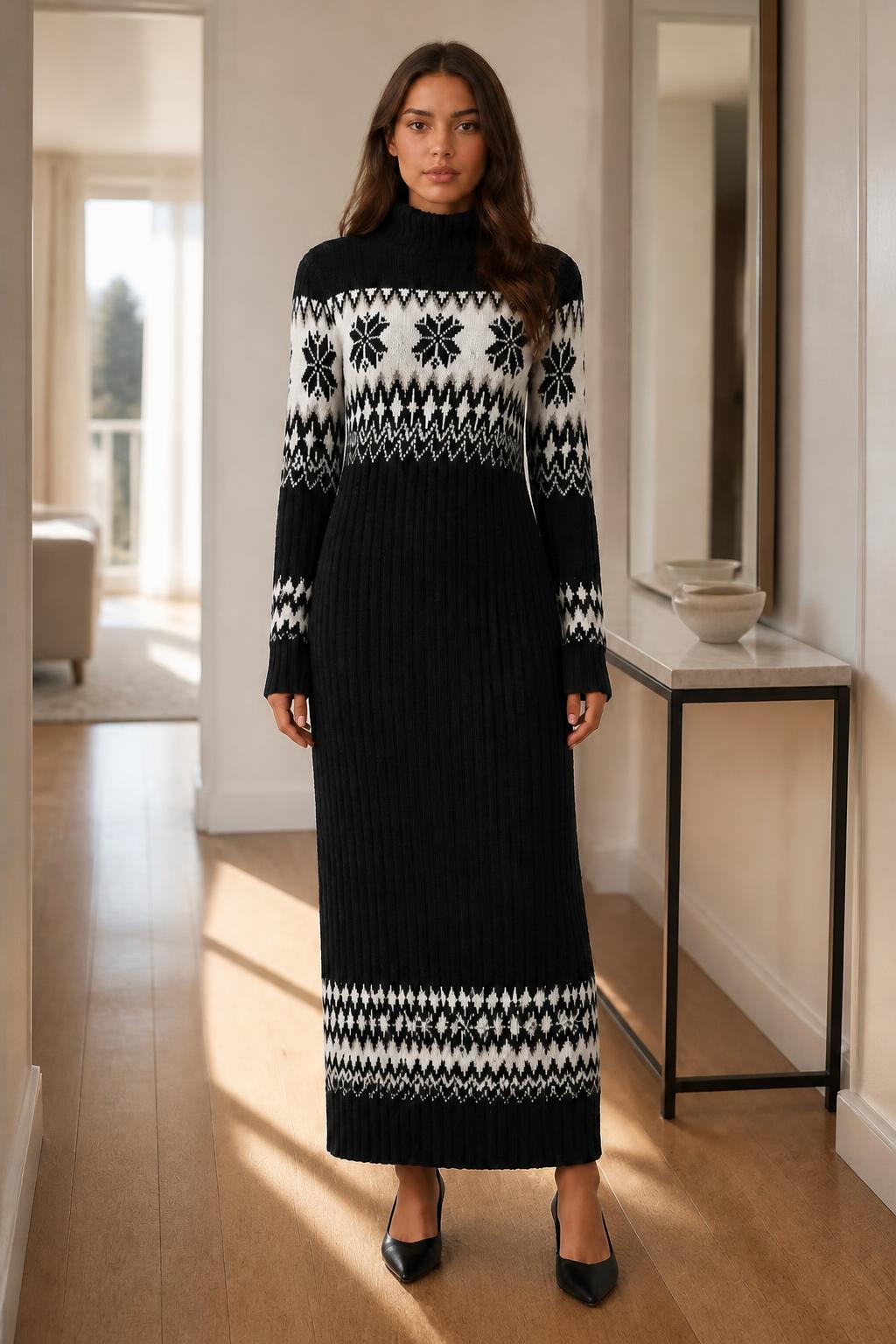 Eliana | Red Sweater Dress, High-Neck Colorblock Knit