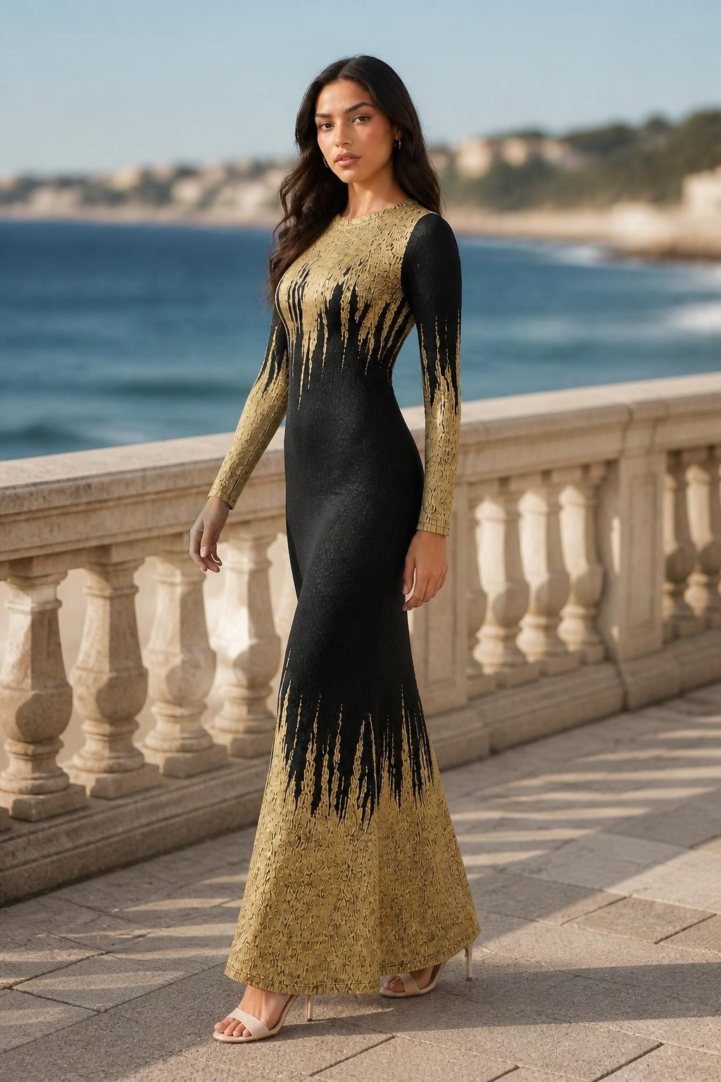 Isabella | Mermaid Formal Gown, Long Dress with Gold Print