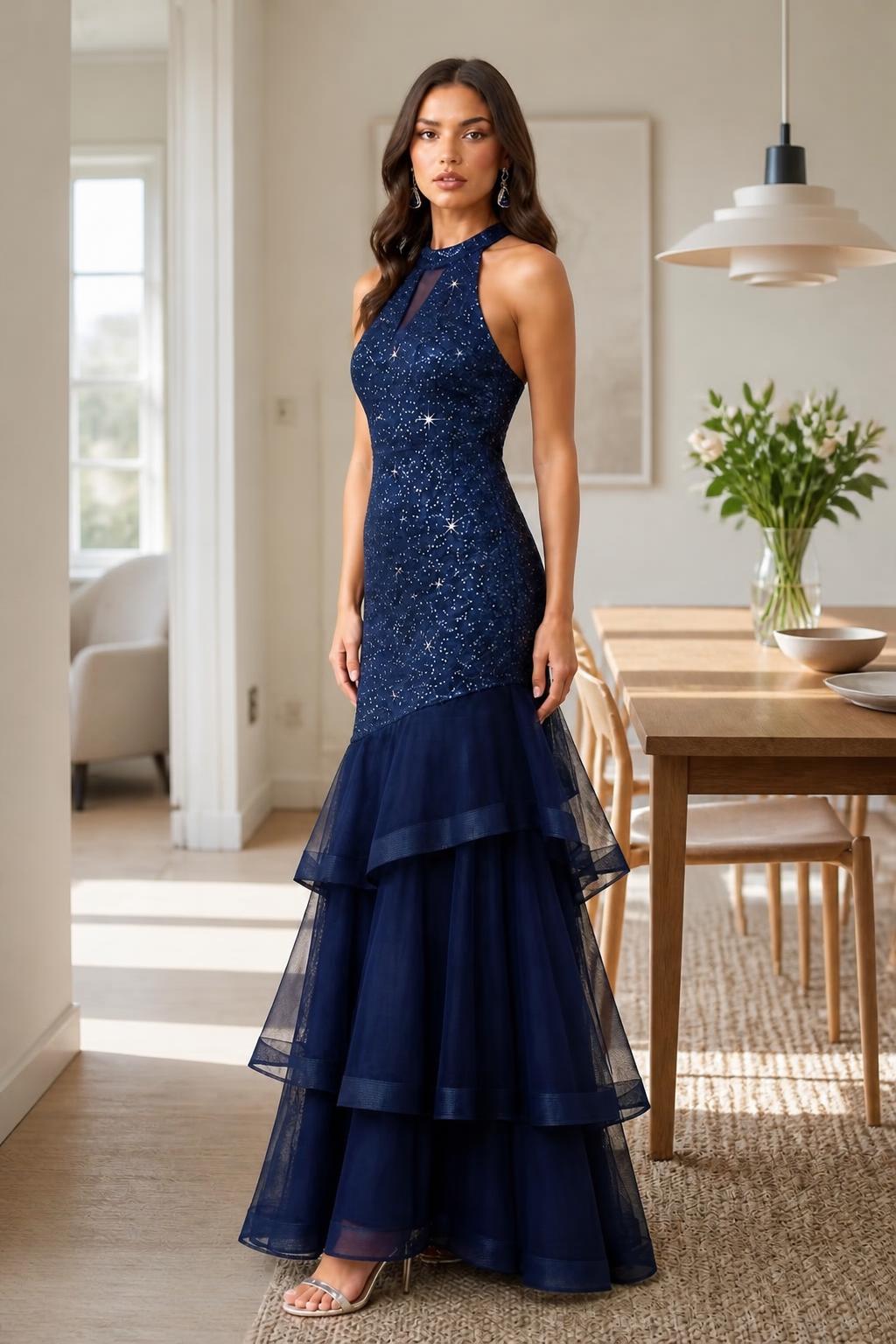 Charlotte | Halter Maxi Dress, Elegant Sequin Lace A-Line