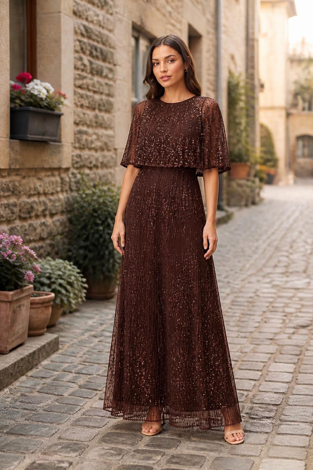 Sofia | Pleated Maxi Dress, Sequin Mesh with Cape Sleeves