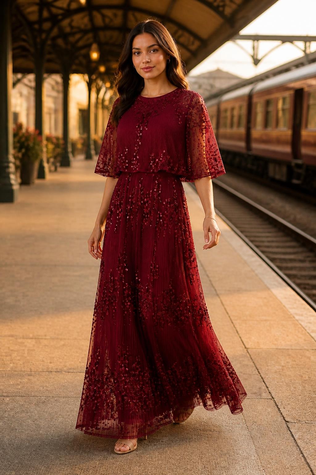 Sofia | Pleated Maxi Dress, Sequin Mesh with Cape Sleeves