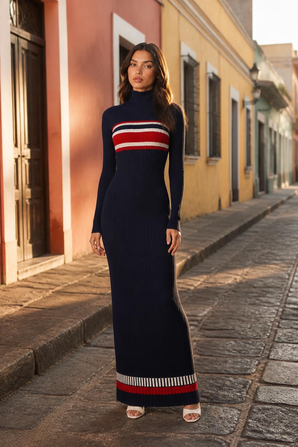Olivia | Turtleneck Dress, Striped Long-Sleeve Slim Fit