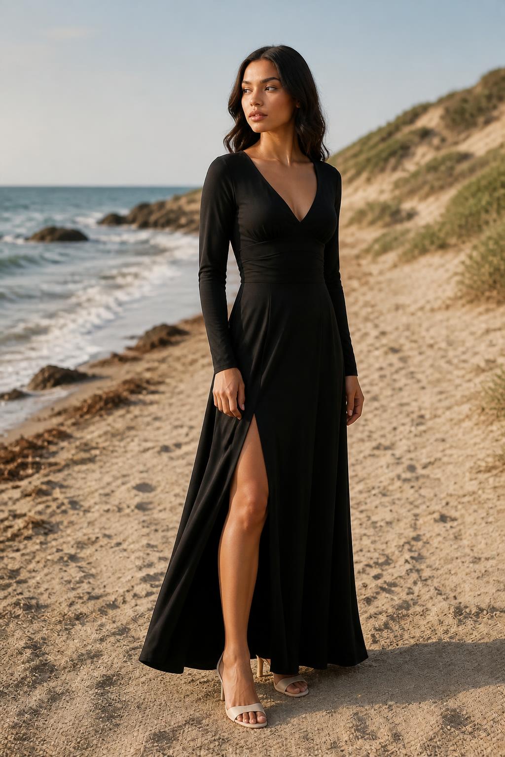 Charlotte | Long Sleeve A Line Dress, V-Neck with Ruched Waist