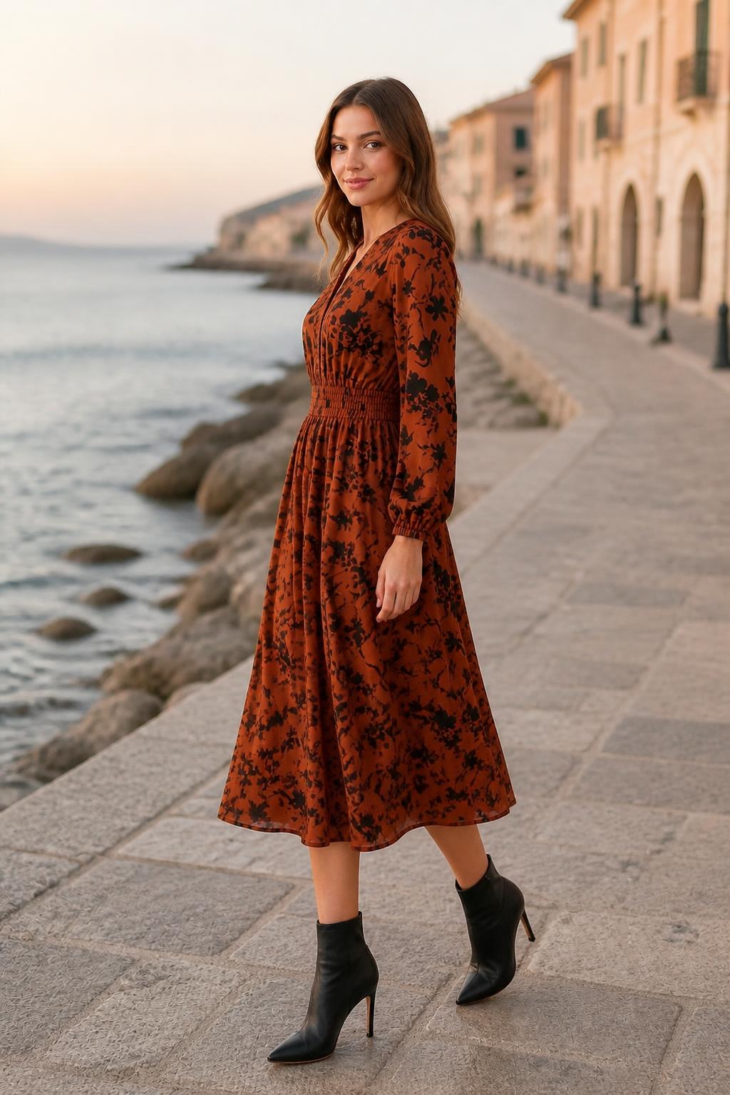 Evelyn | Floral Midi Dress, Drawstring Waist for Autumn and Winter