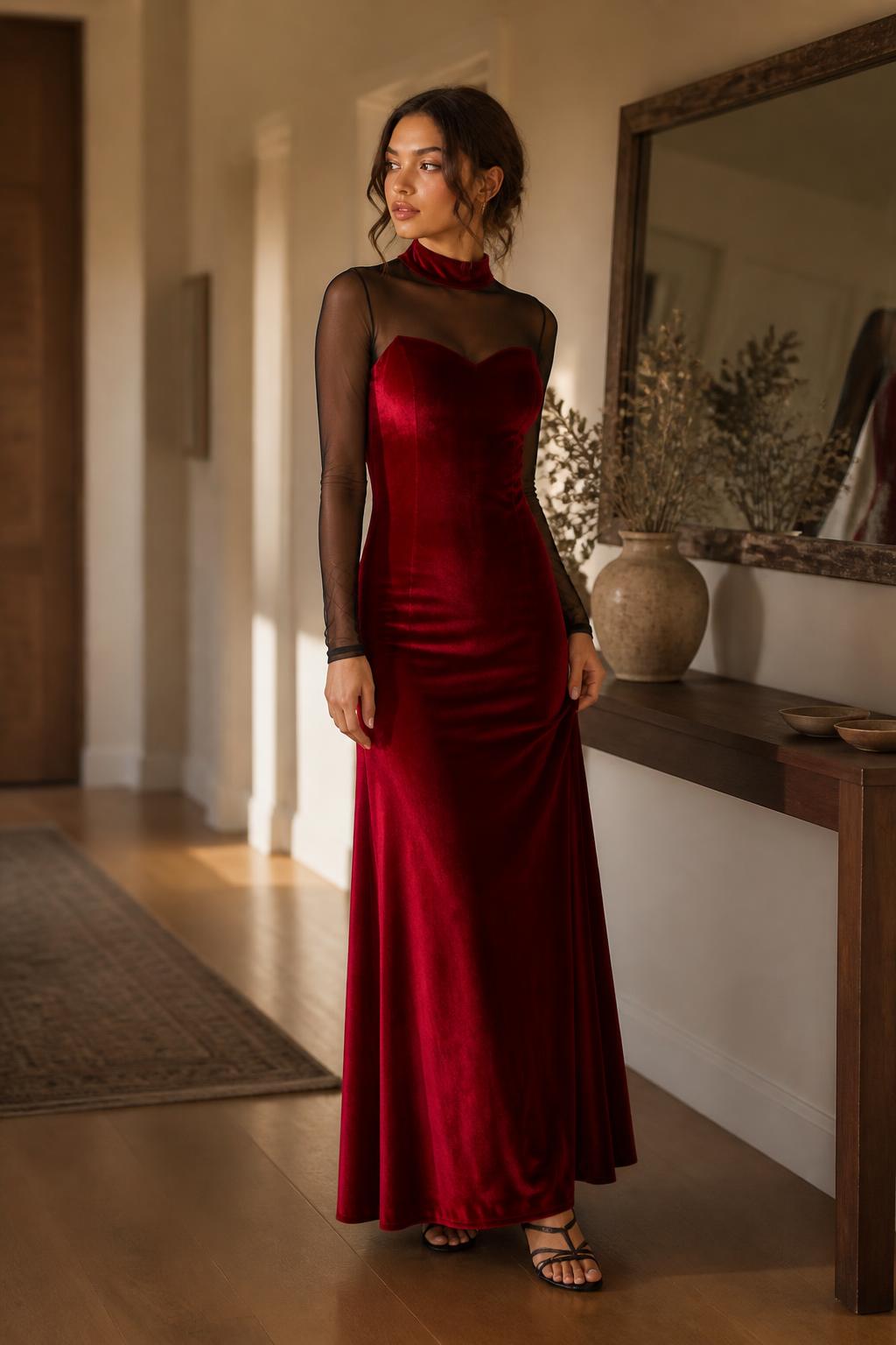 Eliana | Red Velvet Dress, Velour with Mesh Details