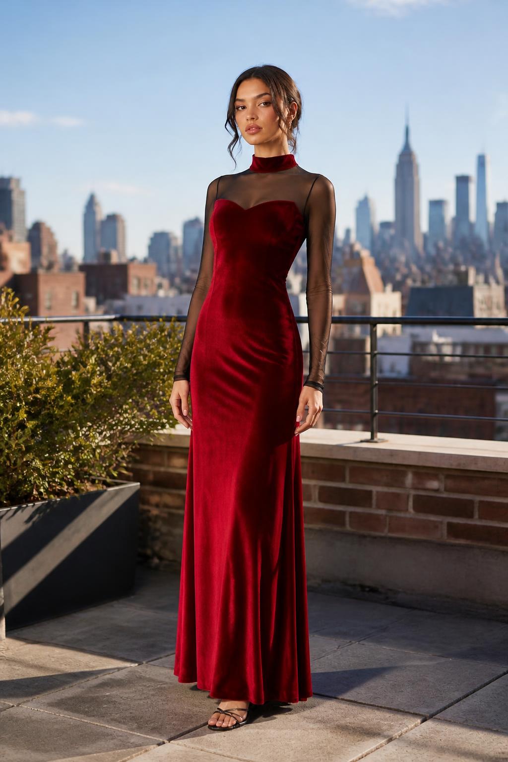 Eliana | Red Velvet Dress, Velour with Mesh Details
