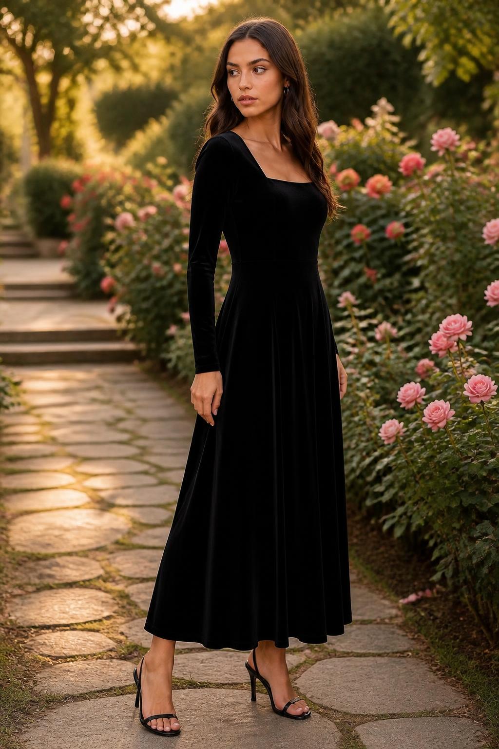 Mia | Long Sleeve Velvet Dress, A-Line with Square Neckline
